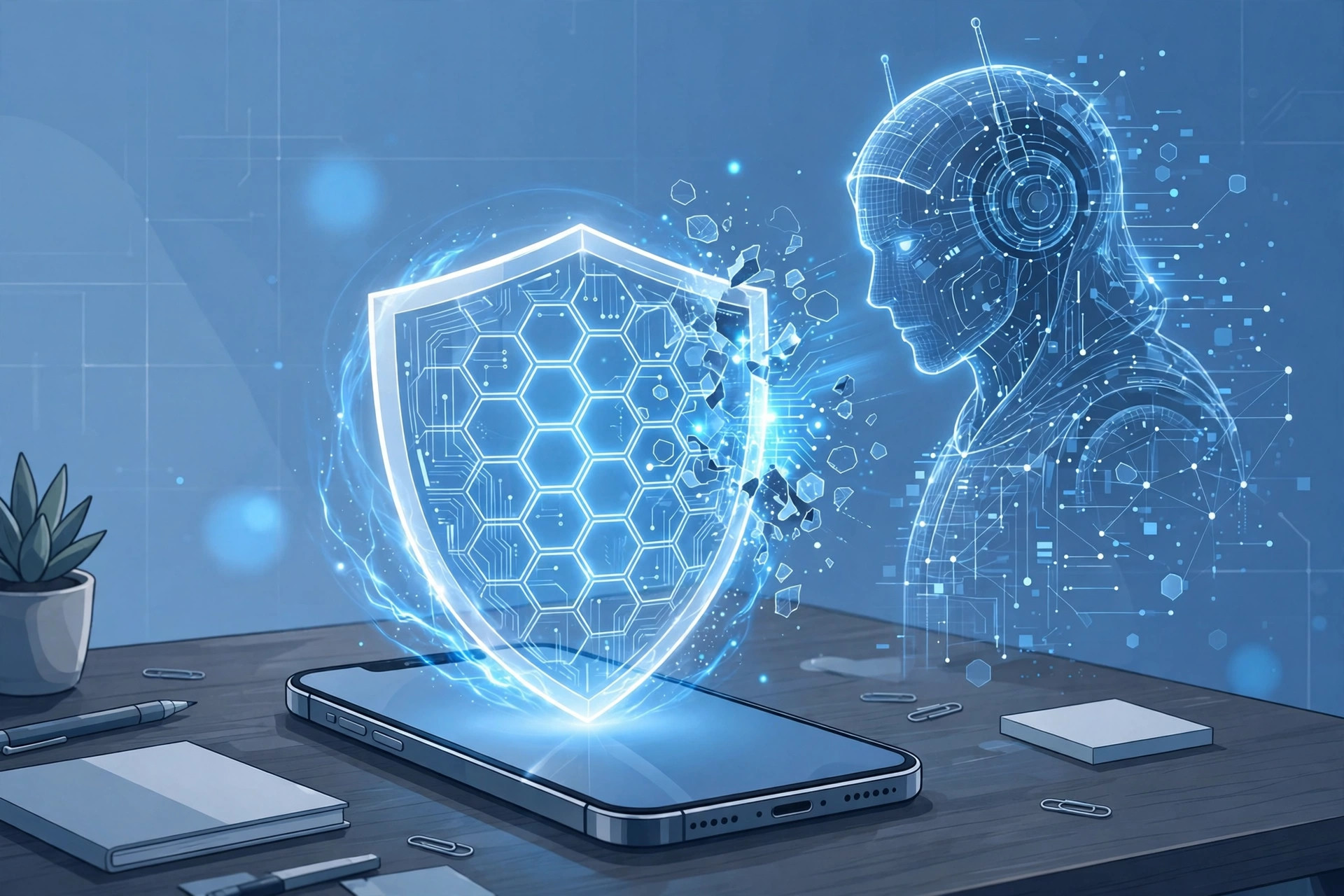 A smartphone showing an incoming call blocked by a glowing AI shield, with a suspicious robotic caller on the other side