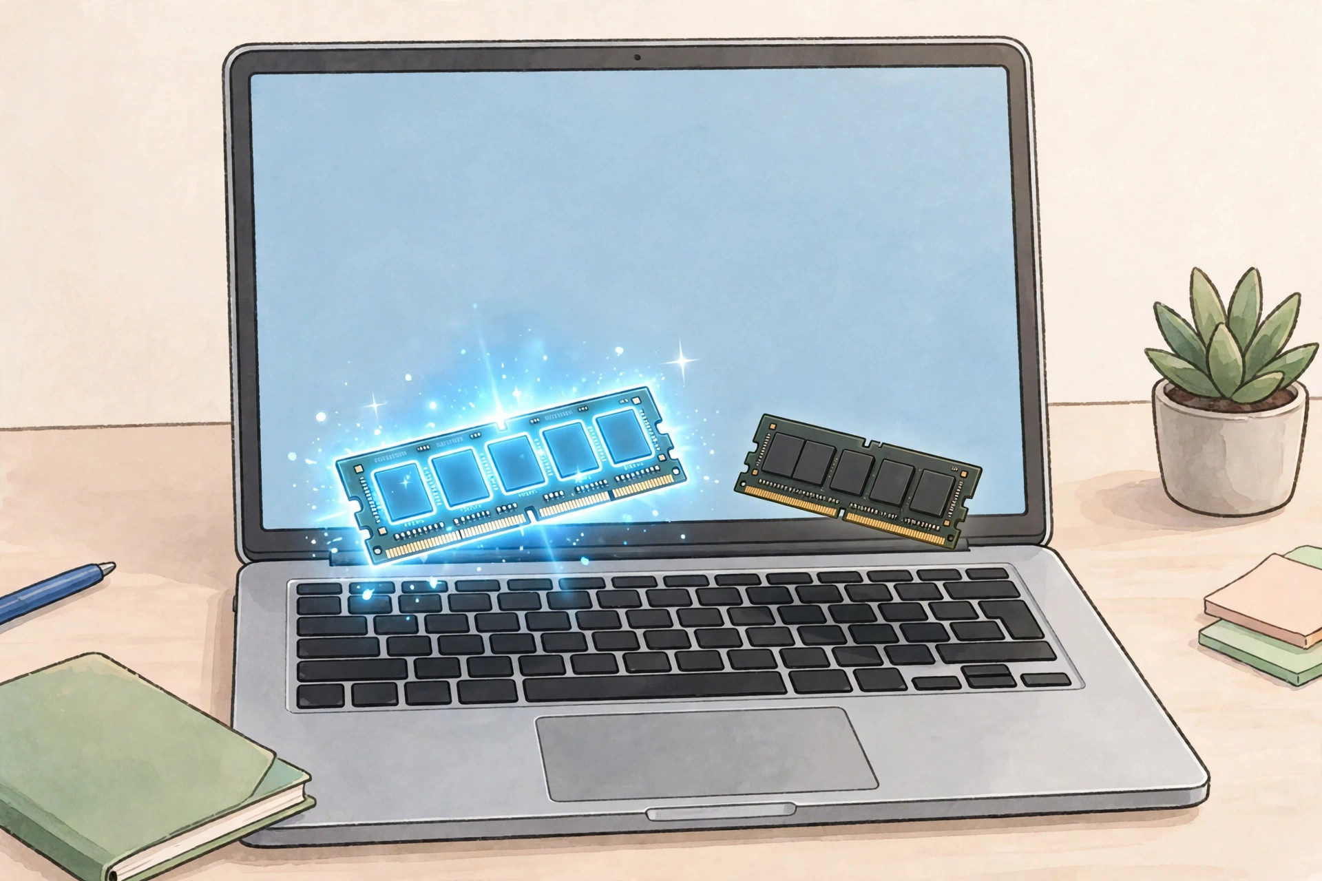 A laptop with a glowing RAM memory module hovering above its keyboard, one bright and one dimmed