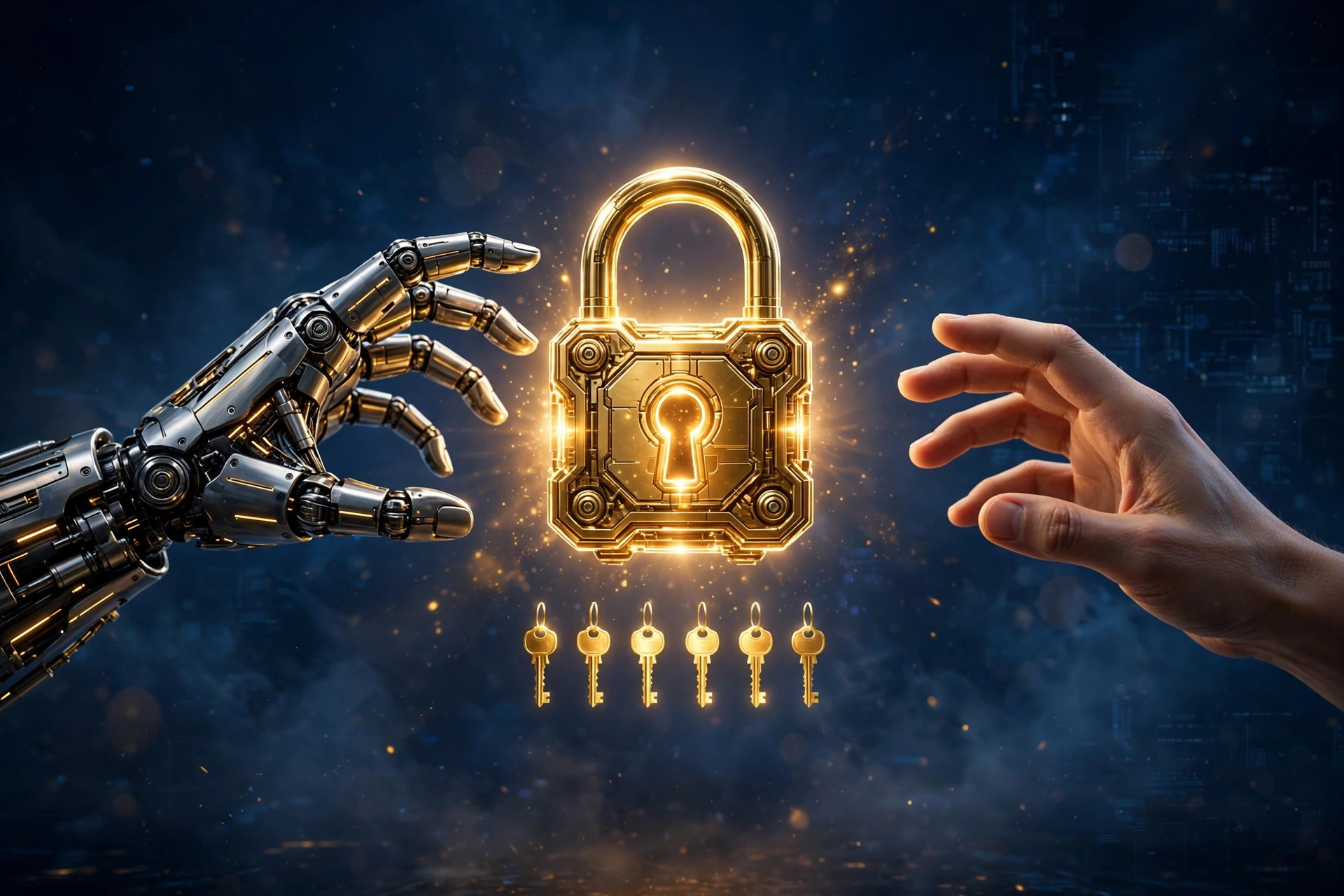 A robotic hand reaching toward a glowing golden padlock guarding password keys while a human hand hesitates beside it