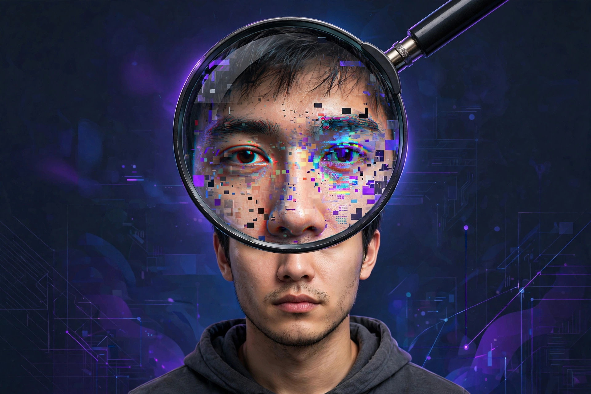 A magnifying glass hovering over a realistic photo, revealing glitch artifacts and warped pixels inside the magnified circle