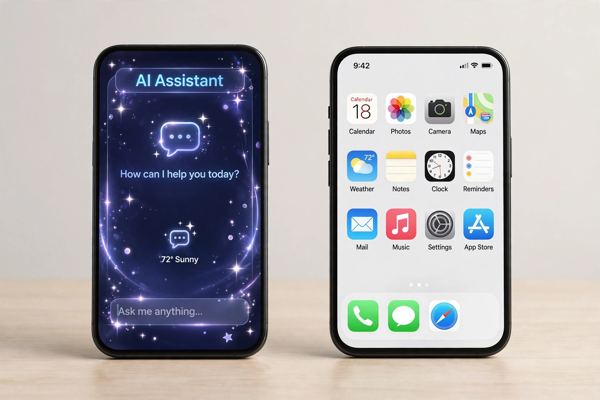 Two smartphones side by side on a desk, one showing a glowing AI assistant interface and the other a plain app grid home screen