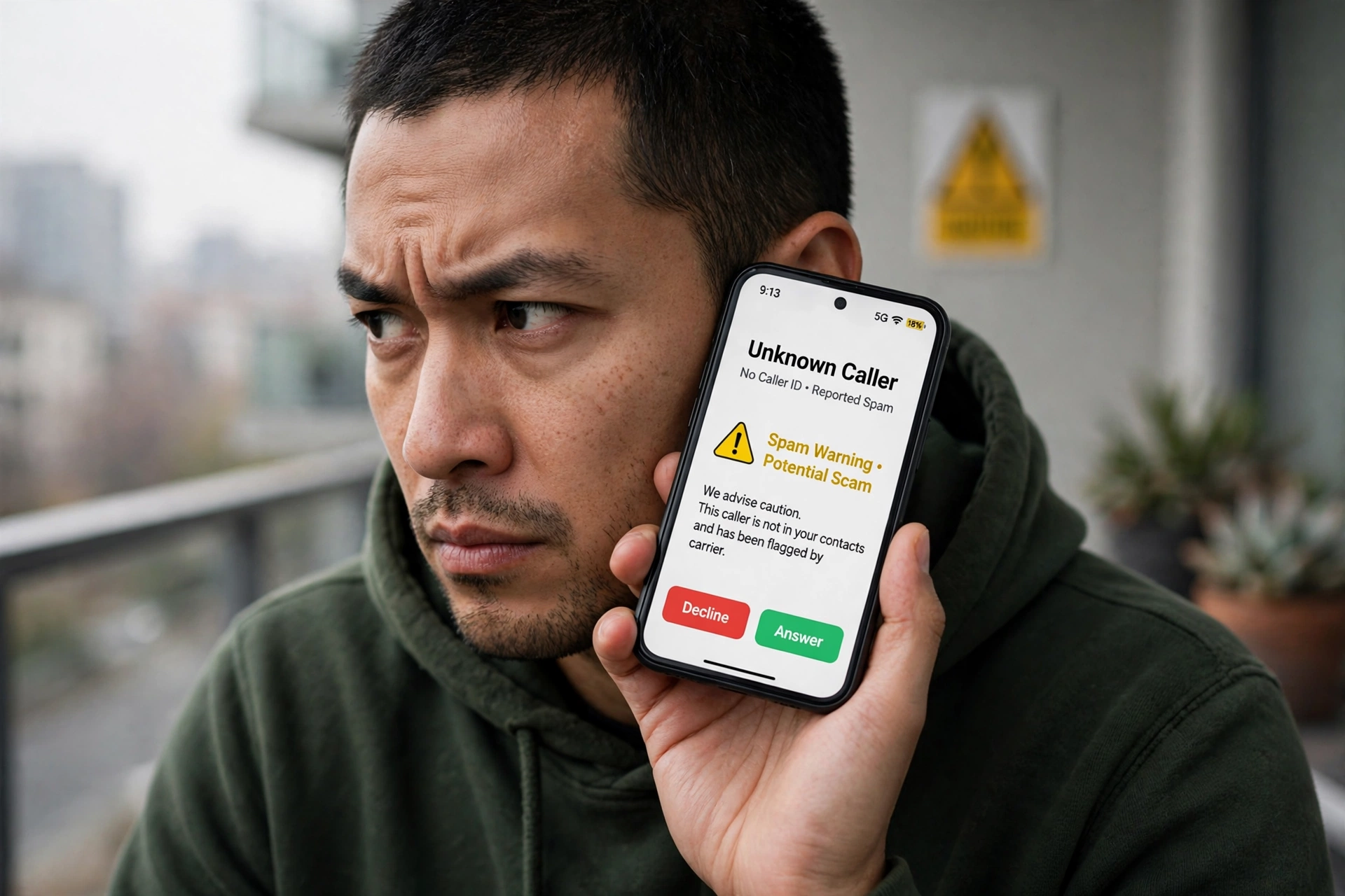 A person holding a phone to their ear looking suspicious while an unknown caller appears on screen