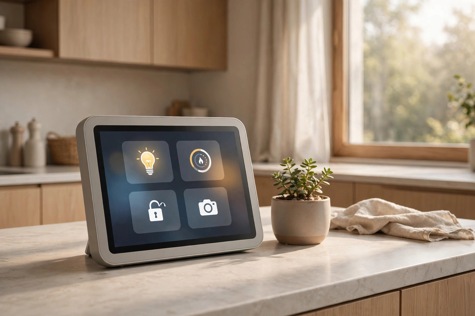 Apple-style smart home display with a 7-inch touchscreen showing home controls on a kitchen counter