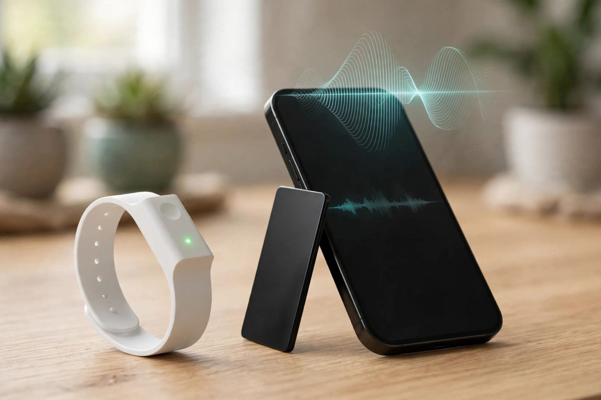 A white AI-listening wristband with a green indicator light next to a thin credit-card-sized device and a smartphone showing sound waves on a wooden desk