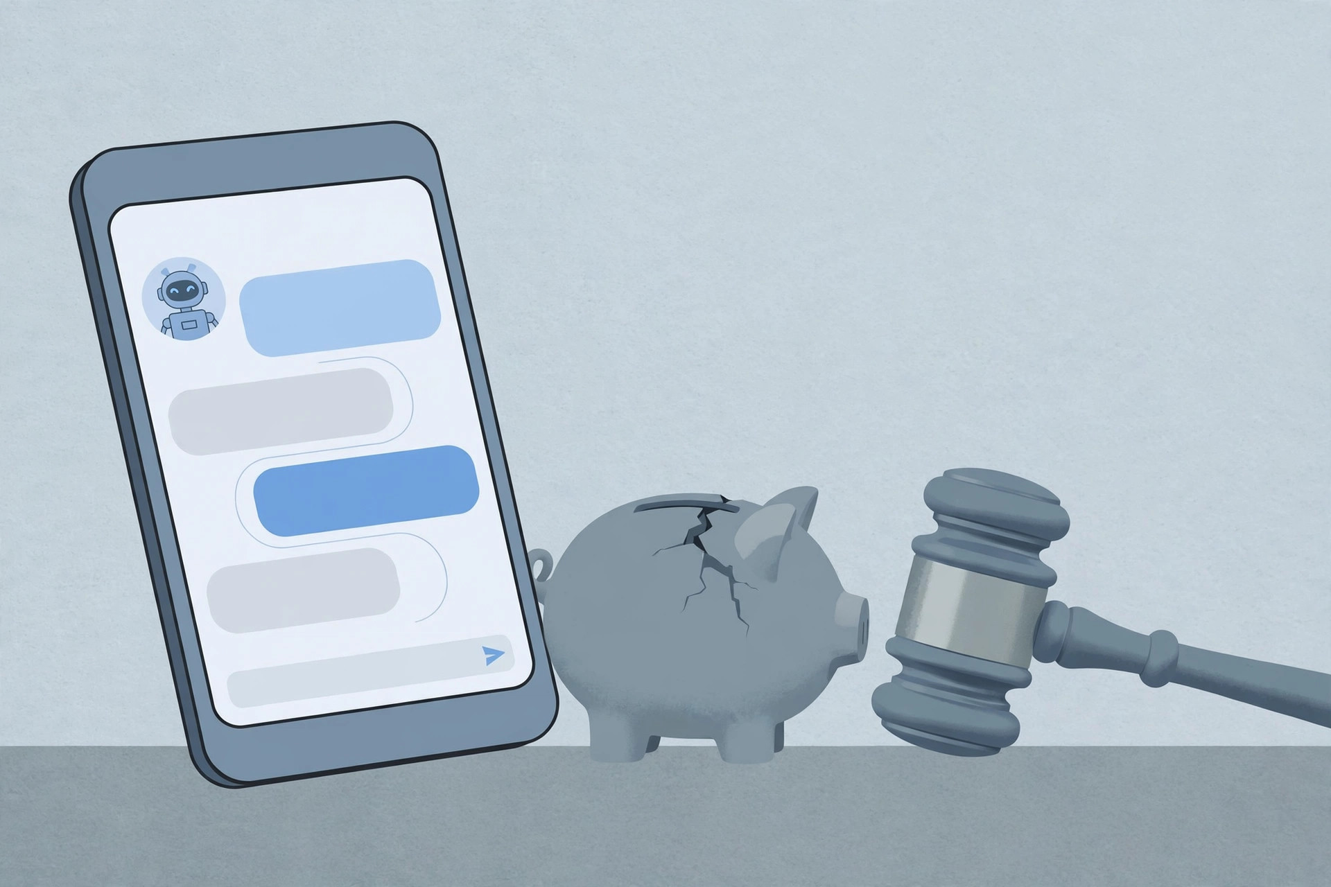 A smartphone showing an AI chatbot conversation with a broken piggy bank and gavel beside it, symbolising the Character.AI bankruptcy