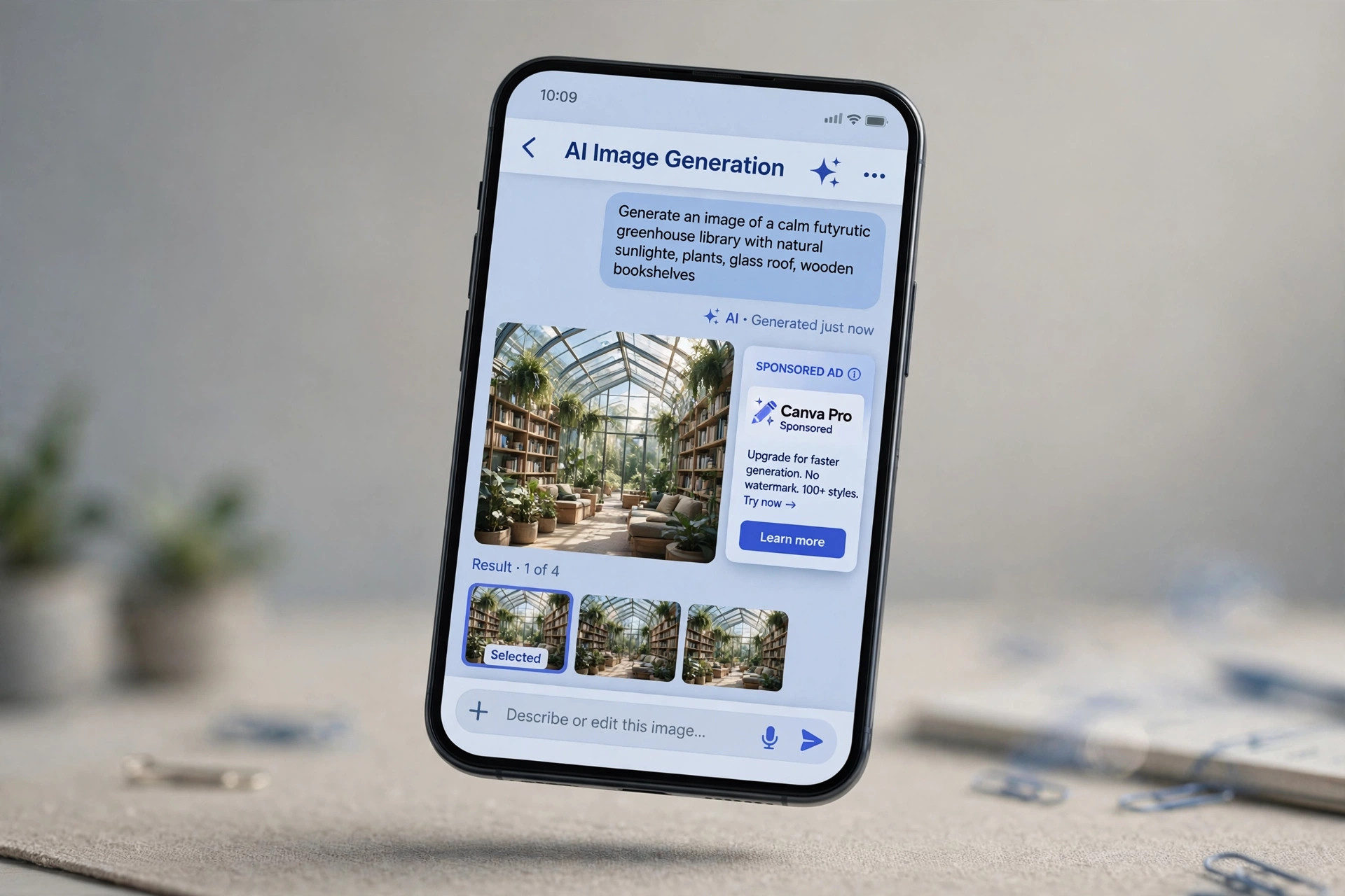 A smartphone showing a ChatGPT image-generation screen with a small labeled sponsored ad card beside the generated image