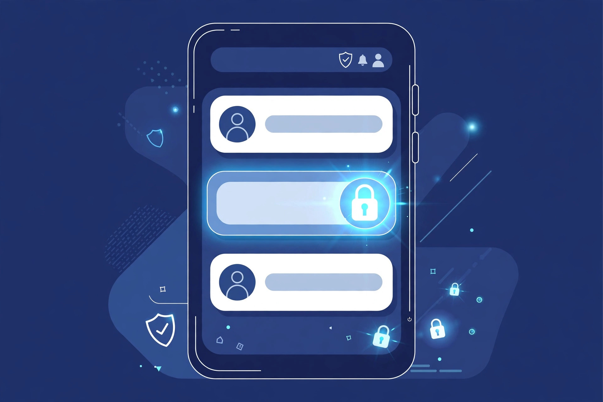 Smartphone showing a chat app conversation list with one conversation secured behind a glowing padlock icon