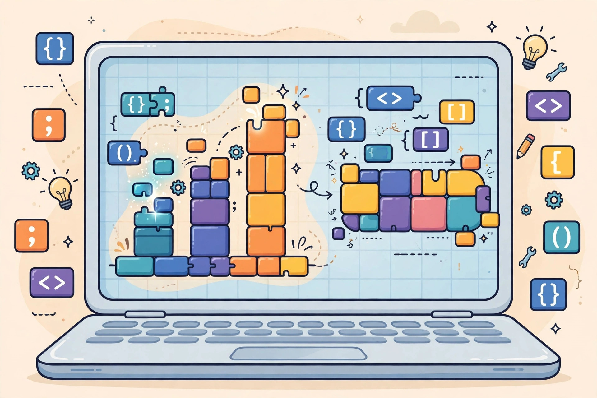 Laptop screen showing an animated chart and title card being built from blocks of code