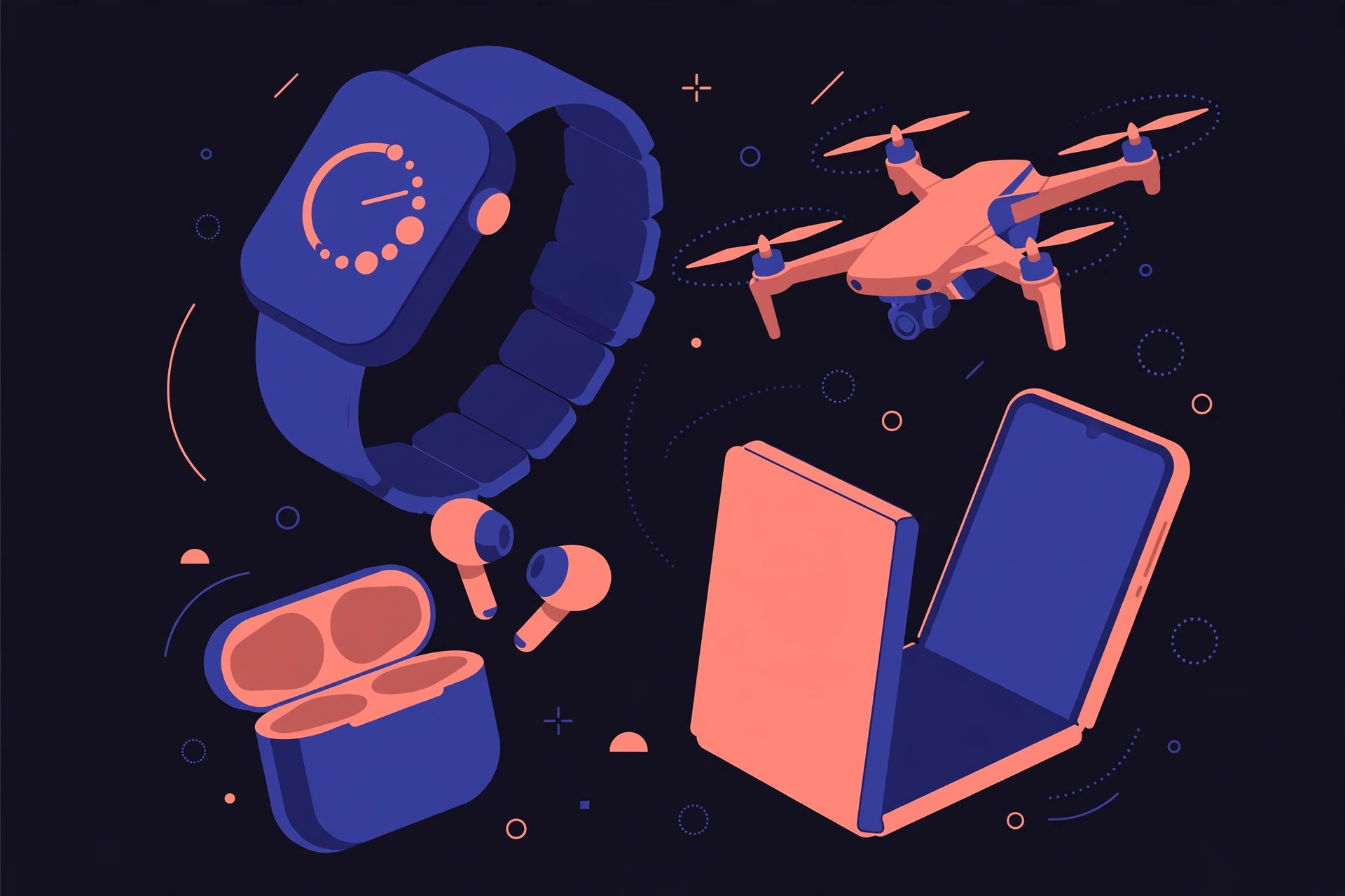 Smartwatch, earbuds, drone and foldable phone floating