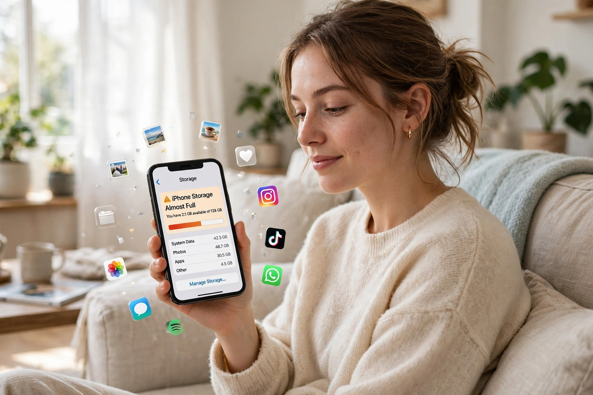 A person holding an iPhone showing a storage almost full warning at home