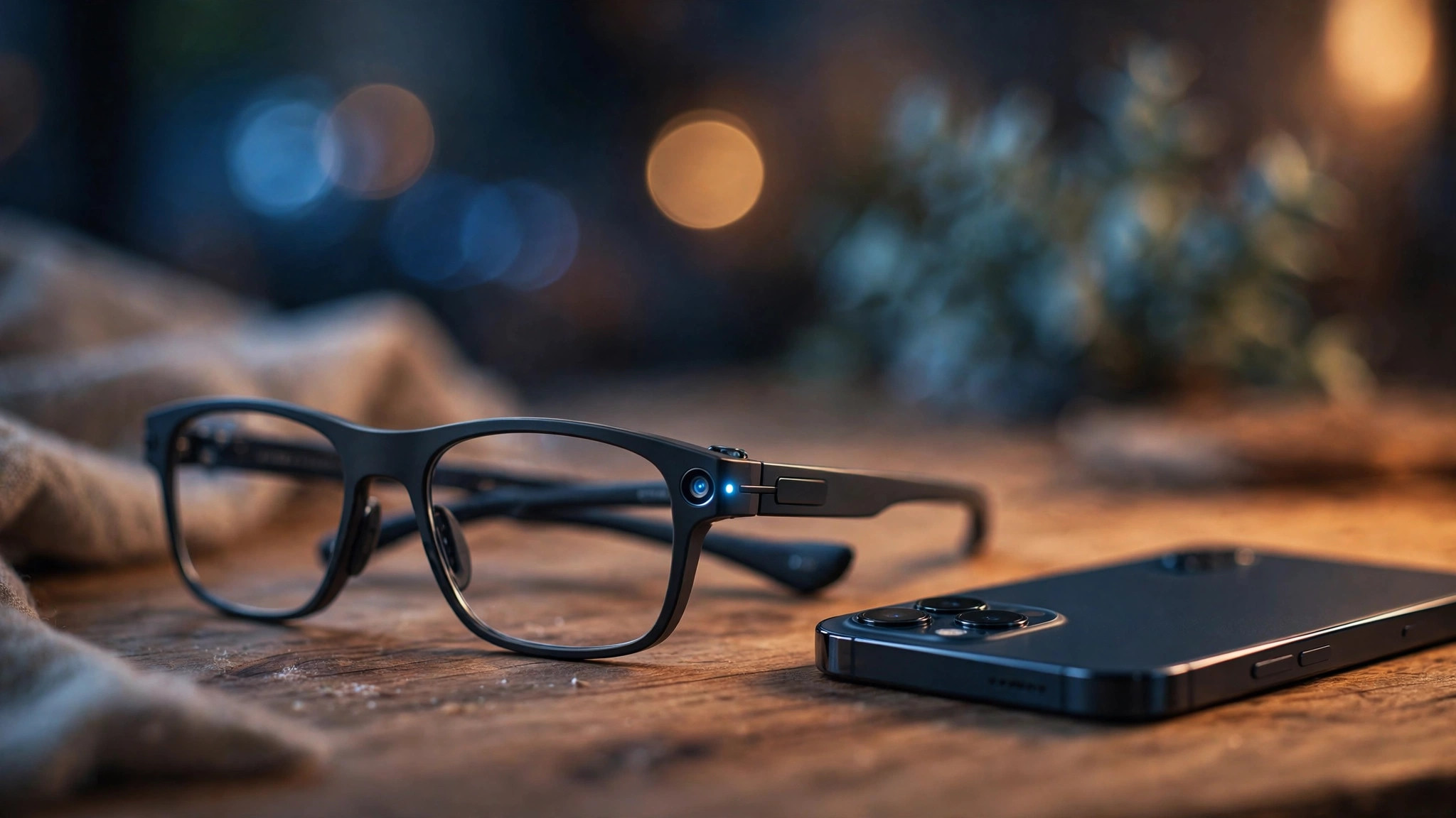 Smart glasses with a glowing camera lens resting on a desk next to a smartphone