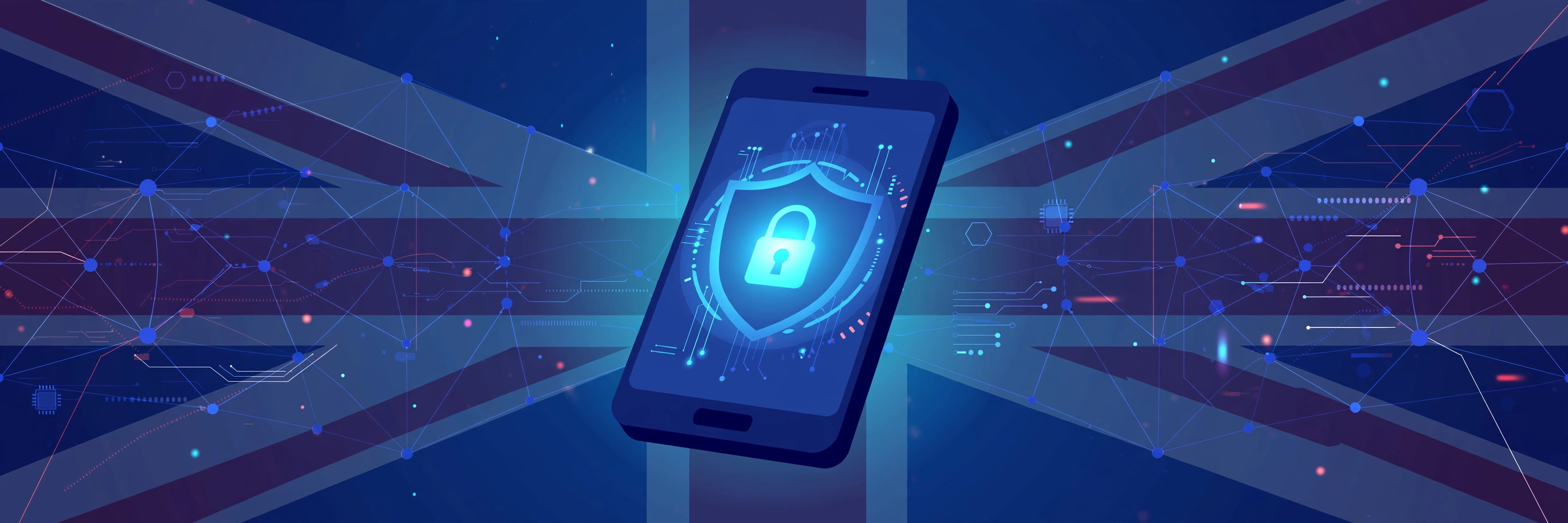 Smartphone showing a VPN shield and padlock with UK-themed digital network background